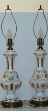 Vtg 2 Bohemian Glass White Enamel Overlay Cut to Amber Glass Table Lamps, Work picture