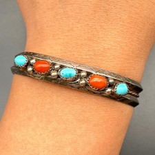 Vintage Navajo Native Turquoise Coral Silver Bracelet Cuff Small 6-3/8