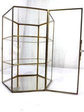 Vtg Hexagon Brass Mini Glass Curio Cabinet 3 Shelf Tabletop Display Case Mirror picture