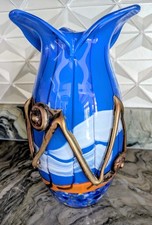 Misu Coman Artist Sign Romanian Art Glass Cobalt Blu Vase fused Brass accent 11