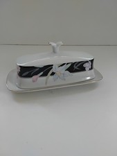 Mikasa Charisma Black L9050 Covered Butter Dish Fine China Japan Gold Trim Vtg picture
