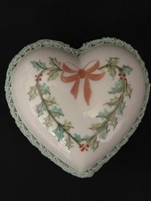 MZ Irish Dresden Porcelain Lace Heart Trinket Box Holly Bow Christmas Pristine picture