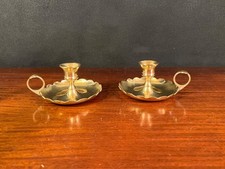 Vintage Set of 2 Solid Brass Chamberstick Candlestick Candle Holders  w/Handle picture