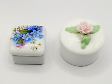 Two Porcelain Floral Tiny Lidded Trinket Vtg Vanity Dresser Jewelry Dish Boxes picture