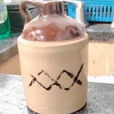 1 Gal Glazed Stoneware Jug w/ Handle, Zig Zag Pattern, Beige Brown Black picture