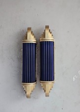 Pair of Art Deco Blue Glass Wall Sconces, Brass Vintage Wall Lights picture