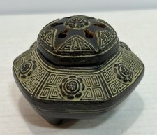 Vintage Japanese Black Pottery Incense Burner Tripod Ceramic Koro Censer 3.5