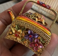 Kalifano Teapot Keepsake hand-painted enamel hinged lid magnetic closure floral  picture