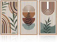 Framed Boho Wood Wall Art Set of 3 Mid Century Modern Geometric Decor 16x32 picture