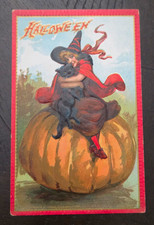 Antique Tuck’s Halloween Postcard – Witch & Black Cat on Pumpkin, Embossed picture