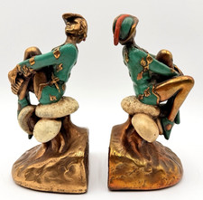 Antique Marion Bronze Clad 'Peter Pan' On Mushrooms Polychrome Bookends 7.5