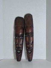 Vintage African Long Face Wooden Wall Masks Pair Hand Carved Tribal Decor Match picture