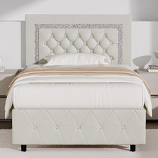 Twin Bed Frame with Diamond Tufted Headboard, Cream picture