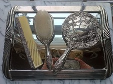 Vintage Godinger Silver Plate Vanity Set W/ Art Deco Style Mirrored Footed Tray picture