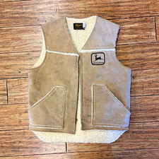 VTG 70s John Deere Sherpa Lined Shearling Vest Tan Logo Patch Zip Front Size M picture