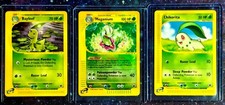 2002 Pokemon Expedition MEGANIUM Reverse Holo, BAYLEEF & CHIKORITA (3) Card Set picture