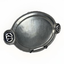 Pewter & Ceramic Tray Blue & White Vtg 17” Grand Millennial Modern Heritage picture