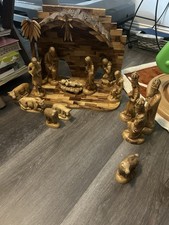 VINTAGE OLIVE WOOD NATIVITY SET 16  pcs  HAND CARVED in BETHLEHEM THE HOLY LAND picture