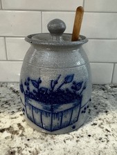 1991 Salmon Falls Stoneware Blueberry Basket Honey Pot Jar w/ Lid and Dipper picture