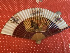 Vintage Asian Hand Fan 16” Wood & Fabric Hand Painted Bull Fighting Scene picture