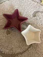 2 Longaberger Pottery Woven Traditions  STAR Dish Burgundy And White picture