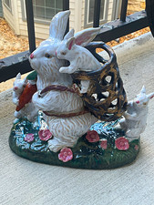 Vintage Majolica White Rabbit Figurine Group with Babies, Basket and Flowers picture