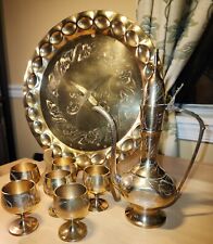 Vtg Turkish Saudi 8-Piece Engraved Brass Teapot, Tray, & 6 Cordial Goblets Set picture