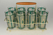 Eight VTG Libbey Green Gold Diamond Emeralds MCM Glass Highball Tumblers w Caddy picture