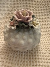 VTG White Hobnail W/ Floral Top Porceline Trinket  Jewelry Dish  picture