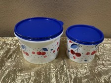 New Tupperware Beautiful Cherry Theme Stacking Canister Set/2 Royal Blue/White picture
