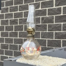 Vintage Miniature Clear Pressed Glass Floral Oil Lamp with Chimney 8.5