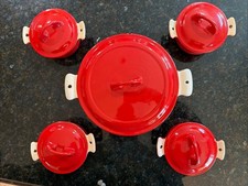 Vtg Griswold Red /Cream Cast Iron Enamel Casserole Chilli Serving Set RARE picture