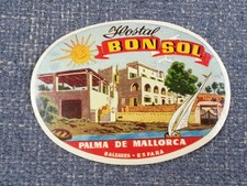 Orig Vtg 1950s Luggage Hotel Tag Label Bon Sol Hostal Palma De Mallorca Spain picture