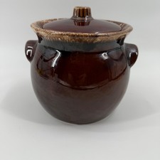 Vintage Hull Pottery Mirror Brown Drip Glaze Bean Pot with Lid Oven Proof USA picture