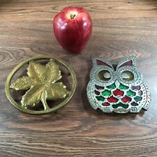 Two (2) Vintage Trivets - Owl with Color Stones & Brass Ring Circled Maple Leaf picture