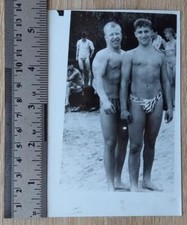 Couple Shirtless Men Jock Handsome Guys Smile Trunks Muscle Gay int Vtg Photo picture