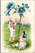 1910s HAPPY BIRTHDAY Postcard Boy & Girl / Giant Blue Flowers - Tuck's UNUSED picture