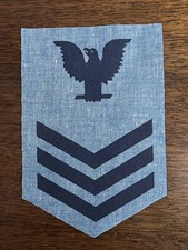 NOS US Navy Vanguard Petty Officer 1st Class Chevron Eagle Patch Crow Chambray picture