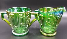Pioneer Glass Sugar and Creamer Iridescent Green Carnival Glass Pristine picture