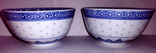 2 Antique Chinese Rice Eye Grain Blue & White Porcelain Bowls Dragon Pair picture