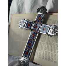Mexican Folk Art Tin & Tile Cross, Talavera, faith, handmade, floral, wall art picture