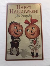 Vintage Metal Sign~Adorable Pumpkin Couple Wishing~HAPPY HALLOWEEN YOU PUMPKIN picture