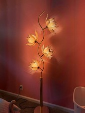 Vintage Hollywood Regency Glass Brass Pink Tulip Lotus Flower Floor Lamp picture