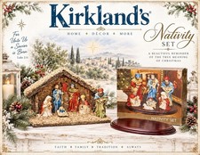 Vtg Kirklands (7) Piece Porcelain  Nativity Set W/Wooden Stable & Wooden Base picture