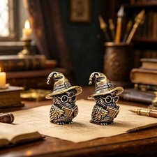 1pc Brass Wizard Owl Figurine Reading Book Vintage Fantasy Desk Decor Gift picture
