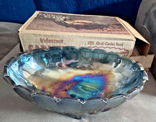 Vintage Indiana Glass Blue Carnival Footed Iridescent 2211 Oval Center Bowl/ Box picture