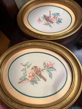 Set of two vintage Home Interiors and Gifts oval bird and flowers picture