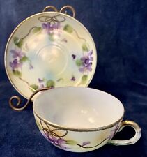 Nippon Hand Painted Teacup & Saucer Eggshell Bone China Floral Violets Antique picture