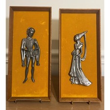 Vintage 1970s Mid Century Medieval Pewter Plaques Pair - Mustard Yellow Velvet picture