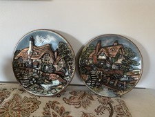 2 Vintage 3D Chalkware Wall Plaque with Cottage Life Scene 11” by 11” picture